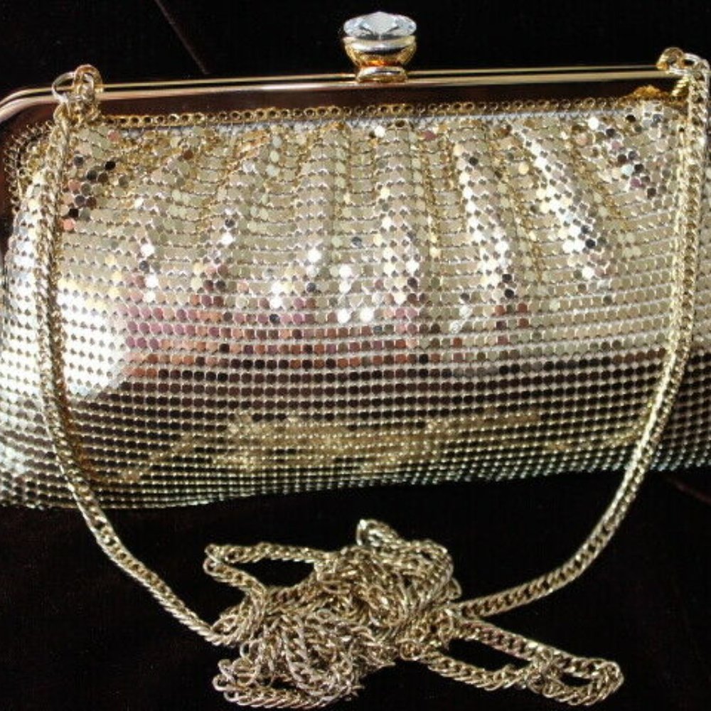 INT Whiting & Davis Gold Mesh Convertible Crossbody Purse Rhinestone Closure